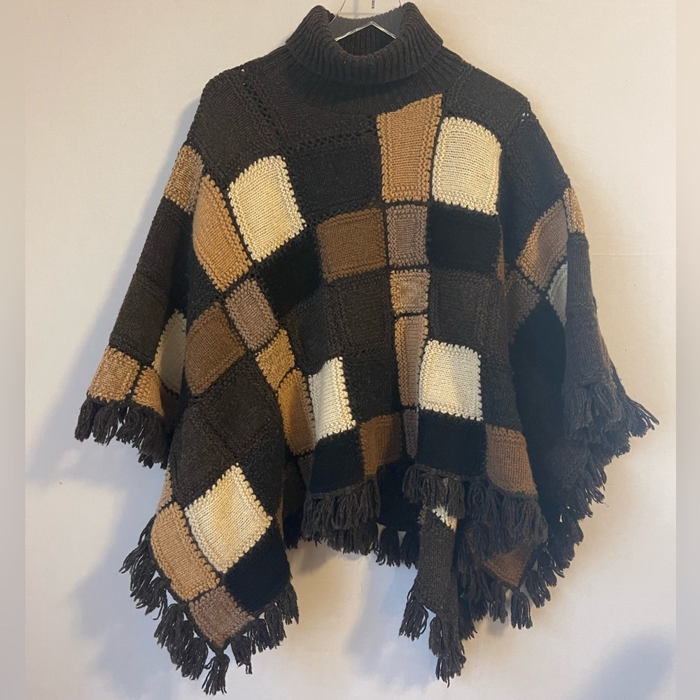 Ralph Lauren Wool Patchwork Hand Knit Fringe Poncho Cape Chocolate Brown